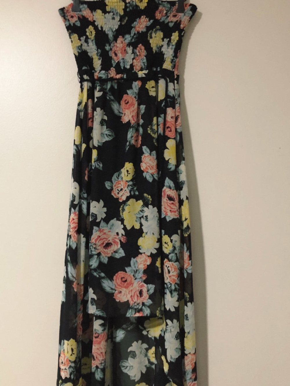 G by Guess Black Strapless High-Low Floral Maxi Dress